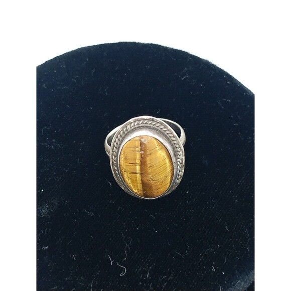 Men's Size 7 Silvertone Ring Retro Stone Looks Like Tiger Eye Stone - Picture 7 of 9